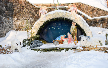 Snow christmas nativity scene