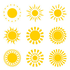 Set of yellow sun icon symbols isolated on white
