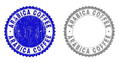 Grunge ARABICA COFFEE stamp seals isolated on a white background. Rosette seals with grunge texture in blue and gray colors. Vector rubber imitation of ARABICA COFFEE title inside round rosette.