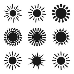 Set of black sun icon symbols isolated on white