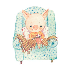 watercolor illustration/funny piggy sits in the arm-chair and eats ice-cream