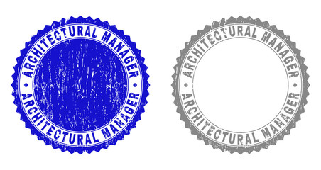 Grunge ARCHITECTURAL MANAGER stamp seals isolated on a white background. Rosette seals with grunge texture in blue and gray colors.