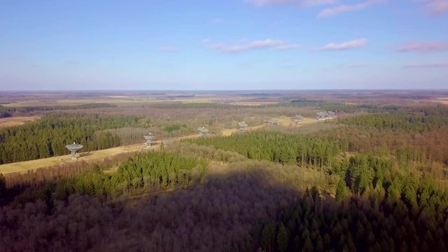 Drone Shot of The Westerbork Synthesis Radio Telescope (WSRT). An aperture synthesis interferometer consisting of a linear array of 14 antennas