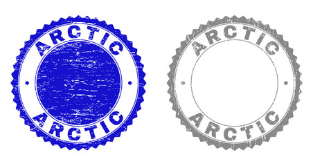 Obraz premium Grunge ARCTIC stamp seals isolated on a white background. Rosette seals with grunge texture in blue and gray colors. Vector rubber watermark of ARCTIC title inside round rosette.