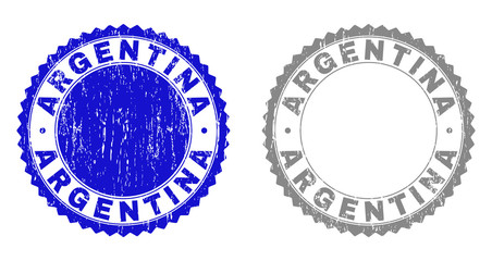 Grunge ARGENTINA stamp seals isolated on a white background. Rosette seals with grunge texture in blue and grey colors. Vector rubber imprint of ARGENTINA tag inside round rosette.
