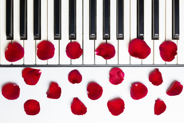 Piano keys with red rose flower petals, isolated, top view, copy space. Romantic concept. Piano or...
