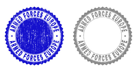 Grunge ARMED FORCES EUROPE stamp seals isolated on a white background. Rosette seals with grunge texture in blue and grey colors.