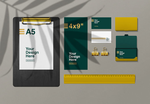Golden Stationery Top View Mockups