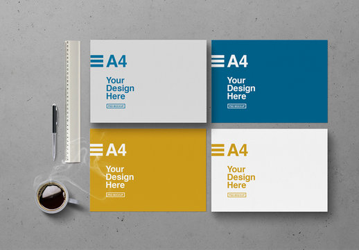 4 Horizontal Papers Mockup