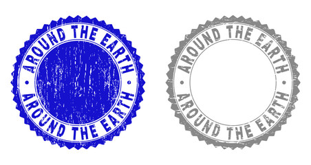 Grunge AROUND THE EARTH stamp seals isolated on a white background. Rosette seals with grunge texture in blue and grey colors. Vector rubber imprint of AROUND THE EARTH tag inside round rosette.