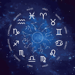 Vector. Graphic astrology set on the starry sky cosmic background. A simple geometric representation of the zodiac sign for horoscope with titles, line art isolated illustration