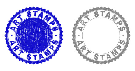 Grunge ART STAMPS stamp seals isolated on a white background. Rosette seals with grunge texture in blue and gray colors. Vector rubber imitation of ART STAMPS title inside round rosette.