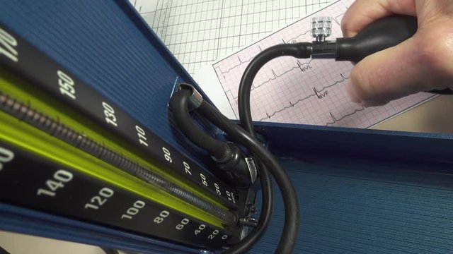 Blood pressure check. Mercury column rising and falling during a blood pressure measurement with a mercurial Sphygmomanometer.