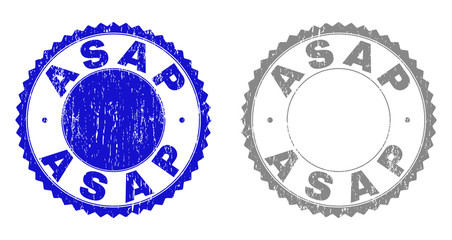 Grunge ASAP stamp seals isolated on a white background. Rosette seals with grunge texture in blue and gray colors. Vector rubber imitation of ASAP caption inside round rosette.