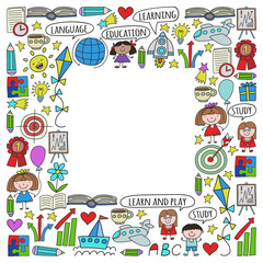 Vector set of learning English language, children's drawing icons in doodle style. Painted, colorful, pictures on a piece of paper on white background.