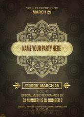 Golden background design. Sun Indian pattern on the luxury ornamental background. Oriental mandala swirl ornament for a luxury wedding, beauty fashion concept, royal holiday party cards.