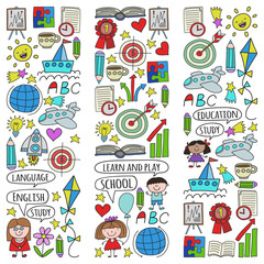 Vector set of learning English language, children's drawing icons in doodle style. Painted, colorful, pictures on a piece of paper on white background.