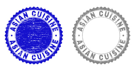 Grunge ASIAN CUISINE stamp seals isolated on a white background. Rosette seals with grunge texture in blue and gray colors. Vector rubber imprint of ASIAN CUISINE title inside round rosette.