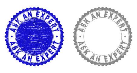 Grunge ASK AN EXPERT stamp seals isolated on a white background. Rosette seals with grunge texture in blue and gray colors. Vector rubber imprint of ASK AN EXPERT text inside round rosette.