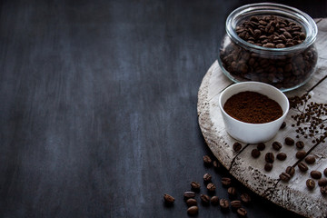 coffee beans on white board and black background