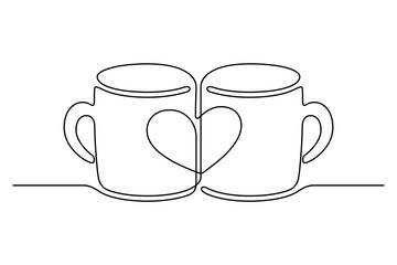 Continuous line drawing. Two cups with images of hearts. Black isolated on white background. Hand drawn illustration. 
