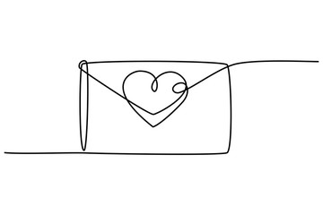 Continuous line drawing. Love letter with heart. Valentine's day. Template for love cards and invitations. Isolated on white background. Hand drawn illustration. 