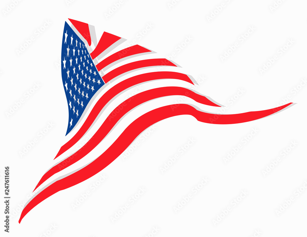 Poster waving on the wind triangular shape american flag with shadow, isolated on white background