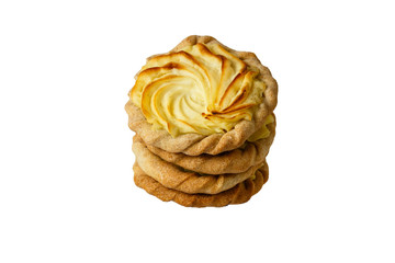 four cheesecakes with potatoes, white background. Traditional russian baking