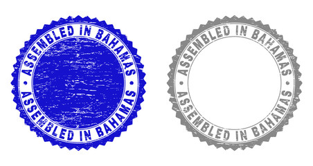 Grunge ASSEMBLED IN BAHAMAS stamp seals isolated on a white background. Rosette seals with distress texture in blue and grey colors.
