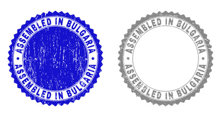 Grunge ASSEMBLED IN BULGARIA stamp seals isolated on a white background. Rosette seals with grunge texture in blue and grey colors.