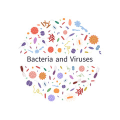 Colorful background with different dangerous viruses and bacteria. Template with text  for web design and print. Vector illustration