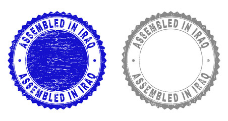 Grunge ASSEMBLED IN IRAQ stamp seals isolated on a white background. Rosette seals with grunge texture in blue and gray colors. Vector rubber imprint of ASSEMBLED IN IRAQ label inside round rosette.
