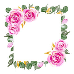 Watercolor layout decorative greeting card or invitation design background. Hand drawn illustration, botanical card with wildflowers, leaves, roses. The concept of spring ornament, invitation