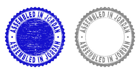 Grunge ASSEMBLED IN JORDAN stamp seals isolated on a white background. Rosette seals with grunge texture in blue and gray colors.