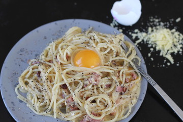 A plate with spaghetti carbonara