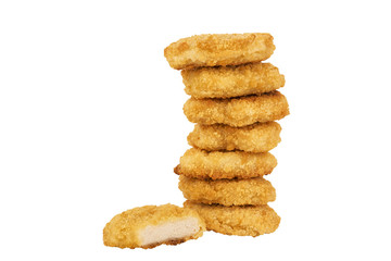 Pile of chicken nuggets isolated on a white background. Copy space for your text our your image. Cut out.