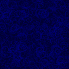 Abstract seamless pattern of randomly distributed translucent spirals in blue colors