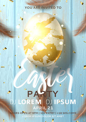 Holiday flyer for Easter party. Beautiful poster with realistic white and gold Easter egg and chicken feathers on wooden texture. Festive vector illustration. Invitation to nightclub.
