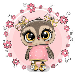 Greeting card owl with flowers on a pink background