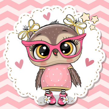 Cute owl in pink eyeglasses