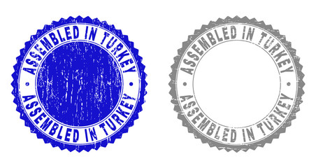 Grunge ASSEMBLED IN TURKEY stamp seals isolated on a white background. Rosette seals with distress texture in blue and gray colors.