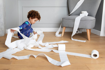 Mischievous boy making mess with toilet paper rolls
