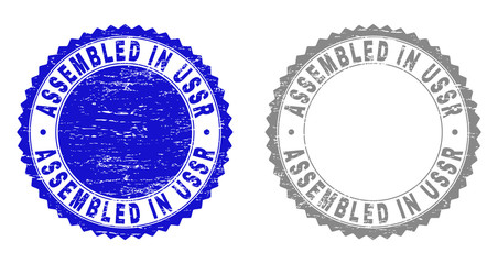 Grunge ASSEMBLED IN USSR stamp seals isolated on a white background. Rosette seals with distress texture in blue and grey colors.