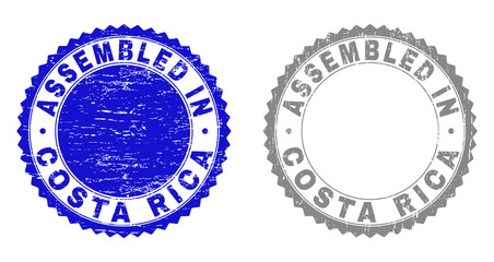 Grunge ASSEMBLED IN COSTA RICA stamp seals isolated on a white background. Rosette seals with grunge texture in blue and gray colors.