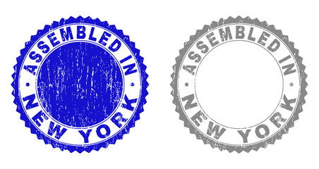 Grunge ASSEMBLED IN NEW YORK stamp seals isolated on a white background. Rosette seals with grunge texture in blue and grey colors.