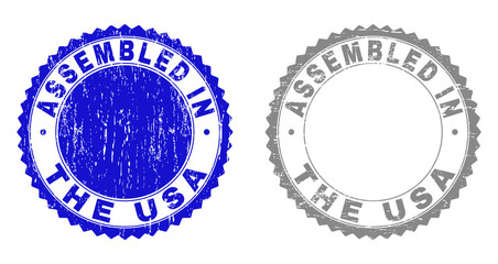 Grunge ASSEMBLED IN THE USA stamp seals isolated on a white background. Rosette seals with grunge texture in blue and grey colors.