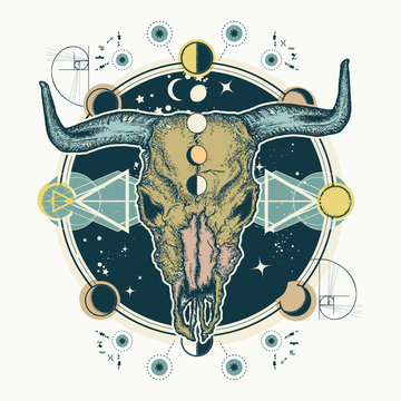Buffalo skull. Tattoo and t-shirt design. Native American bull skull symbol of secret knowledge. Shamanism. Soul of prairies