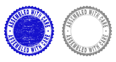 Grunge ASSEMBLED WITH CARE stamp seals isolated on a white background. Rosette seals with grunge texture in blue and gray colors.