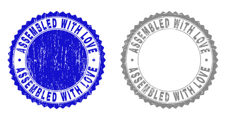 Obraz premium Grunge ASSEMBLED WITH LOVE watermarks isolated on a white background. Rosette seals with distress texture in blue and gray colors.