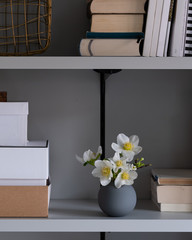 Schlichte, graue Blumenvase mit Frühlingsblumen in einem Regal